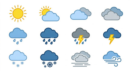 Obraz premium Collection of weather icons representing different atmospheric conditions.