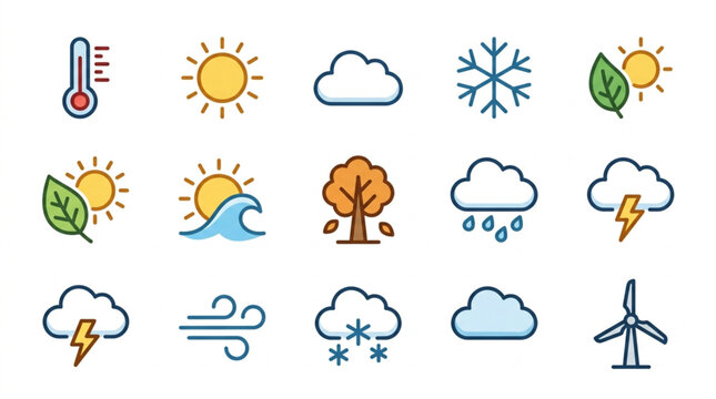 Collection of Weather Icons and Symbols Representing Climate.