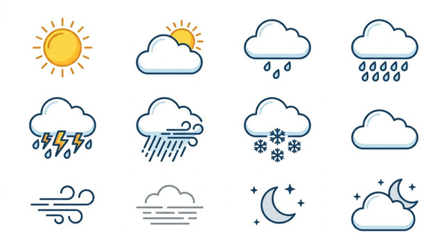 Collection of weather icons representing different atmospheric conditions.