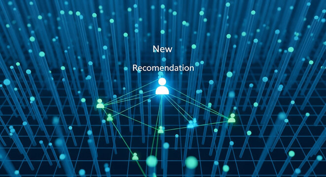 AI recommendation system connecting user profiles in a futuristic digital network. Big data analysis, social networking, and technology concept.