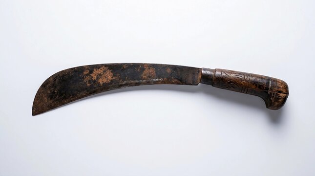 Vintage rusty machete with wooden handle, antique curved blade cleaver on white background, traditional agricultural cutting tool
