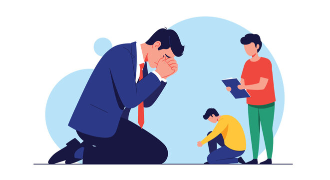 Man in a suit kneels and prays fervently with his hands clasped while others in the background observe a moment of grief or devotion.