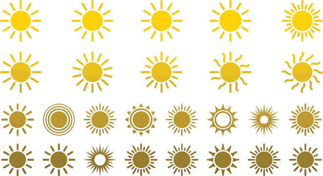 Collection of various sun weather icons with different styles and transparency