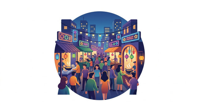 Crowded City Street at Night with Neon Signs.