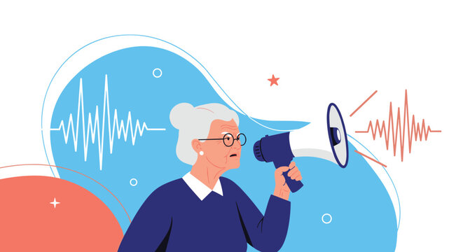 Empowered senior woman with grey hair shouts into a megaphone, with sound waves emanating from the device and appearing in the background.