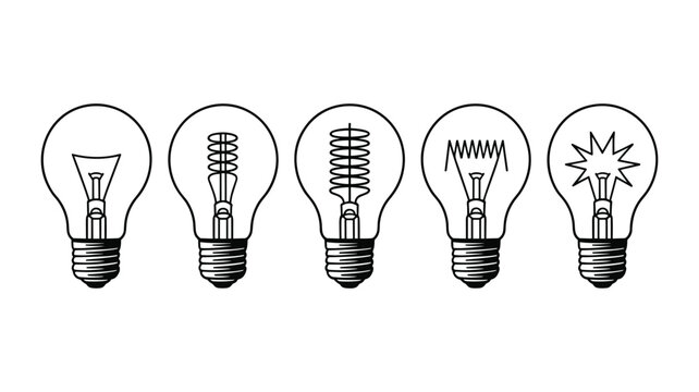 Five black light bulb with different glowing filaments and bases