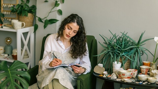 Young woman with curly hair writing in a notebook while sitting in a green armchair