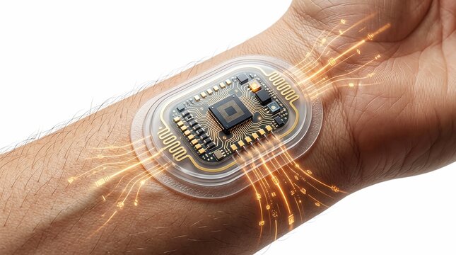 Futuristic microchip implant on human wrist, glowing electronic biochip for medical tracking, advanced wearable health sensor technology