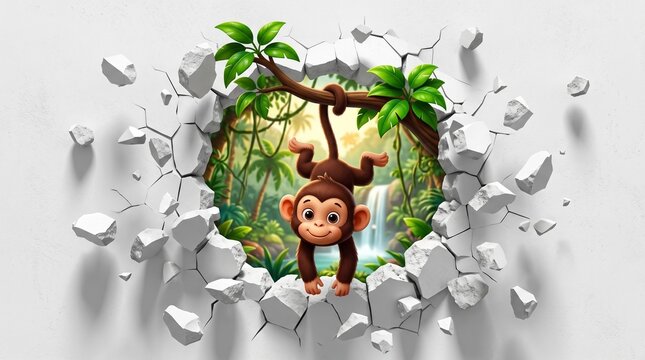 Cheerful cartoon monkey hanging upside down from a vine peeking through a broken white brick wall with a lush tropical jungle background behind