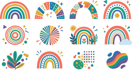 Boho rainbow vector elements set. Cute abstract geometric shapes, sun, clouds, and floral icons for nursery decor, greeting cards, and kids design. © Akhi Ayra