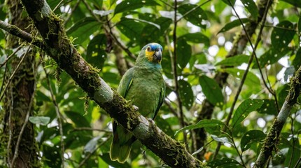 Obraz premium A beautiful turquoise-fronted amazon parrot perching attentively on a mossy tree branch deep within lush green tropical rainforest foliage