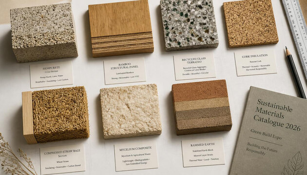 Sustainable building materials samples catalogue 2026, ecofriendly construction elements including hempcrete, bamboo, recycled glass terrazzo, cork, mycelium, and rammed earth