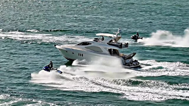 White luxury motor yacht cruising turquoise ocean water with jet skis speeding alongside.
