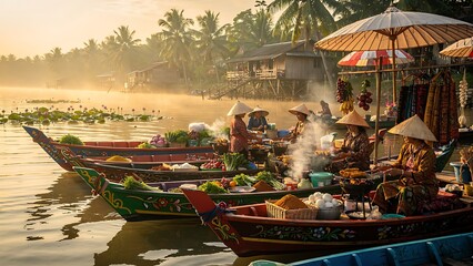 Obraz premium Tropical riverside village with wooden boats and huts.