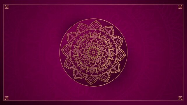 Luxury golden mandala ornament rotating animation on elegant purple background with text space