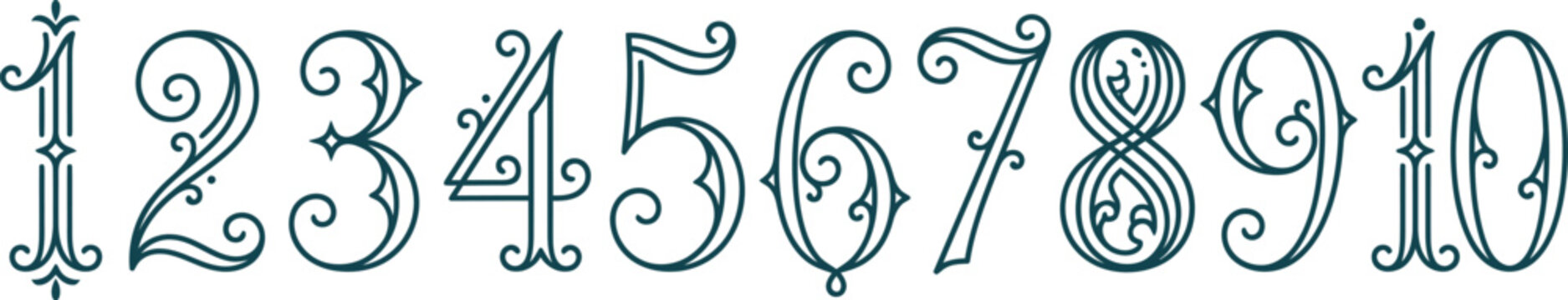 A decorative set of numbers from 1 to 10, rendered in an ornate, calligraphic style with intricate swirls and flourishes.