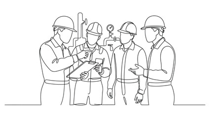 Obraz premium Four construction workers discussing a plan.