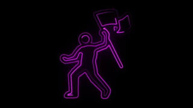 Neon stickman waving flag animation loop on black background