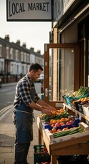 Fototapeta premium Caucasian male shop owner in his forties wearing apron carefully arranging fresh fruit and vegetable produce outside local market on quiet neighborhood street in morning light, vertical
