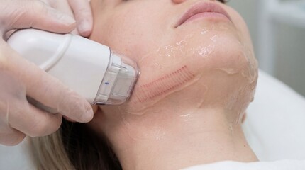 Naklejka premium HIFU skin tightening treatment on woman's jawline