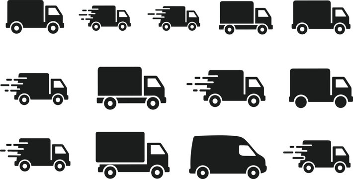 Delivery Truck and Fast Shipping Van Solid Icon Set Featuring Speed Motion Lines for Logistics Service and E-Commerce Transportation Vector Design