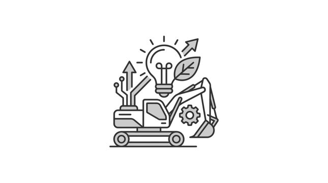 Sustainable green mining excavator with lightbulb idea icon.