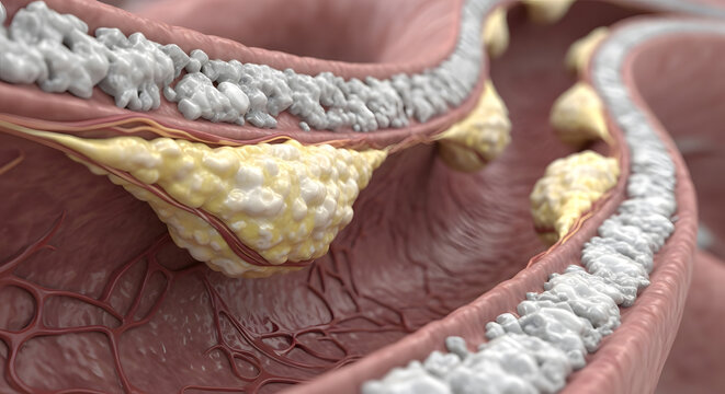 A detailed medical visualization showing arterial walls with significant calcification and plaque.