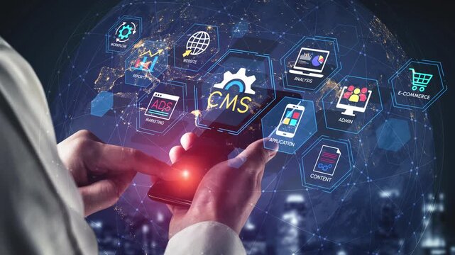 Hands Holding Smartphone with Technology Icons and Digital Network Visualization for Content Management System in Modern Environment. Entropy.