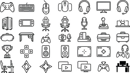 Gaming Hardware and Esports Equipment Icon Set Featuring Video Game Controllers Gaming Chairs Computer Towers Headsets Streaming Media and Battle Station Elements for Video Game Marketing © Shobnom