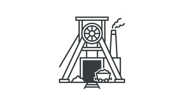 Industrial mine entrance with headframe and transport cart.