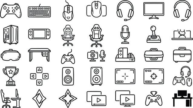 Gaming Hardware and Esports Equipment Icon Set Featuring Video Game Controllers Gaming Chairs Computer Towers Headsets Streaming Media and Battle Station Elements for Video Game Marketing
