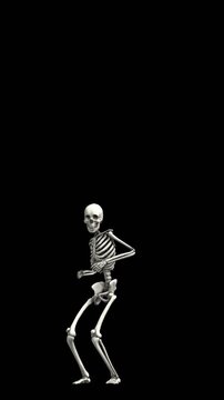 Seamless vertical video of a skeleton dancing house isolated with alpha channel. Funny halloween background.