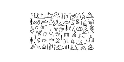 Obraz premium Camping Icons Featuring Tents, Trees, Mountains, and Outdoor Gear in a Hand-Drawn Style Featuring Illustration, Nature, Hiking with Backpacking And