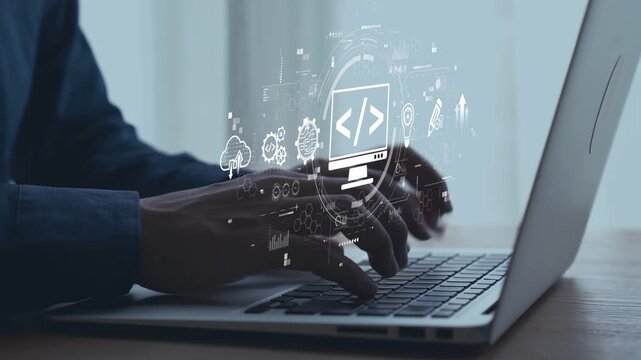 Modern web development concept featuring coding symbols, web development process, web development interface, and web development tools with futuristic design. Elide