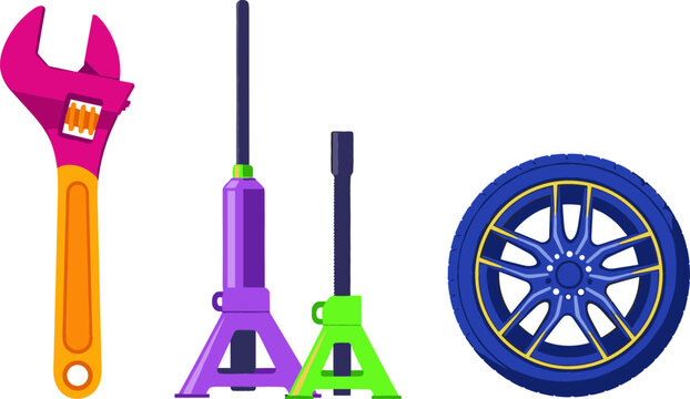 Car Repair Mechanic Tool Set with Pink Adjustable Spanner Wrench Hydraulic Jack Stands and Blue Automobile Alloy Wheel Tire