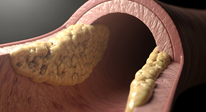 Close up view of arterial stenosis showing significant lipid plaque buildup inside the vessel wall.