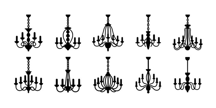 Chandeliers with Intricate Designs and Varying Styles in Black Silhouette Form Featuring Hanging, Light Fixtures, Elegant with Vintage and Classic