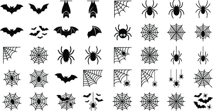 Halloween bats, spiders, and cobwebs flat vector icon set black silhouette decorative elements on a white background. Black and white. 30 simple Vector graphic illustrations.