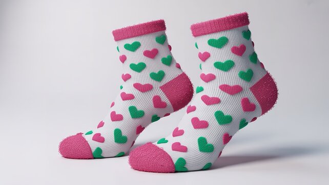 Pair of colorful polka dot baby socks on white background minimalist flat lay