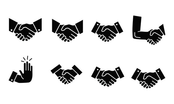 Black Handshake Icons Set and Stop Hand Symbol Vector Collection