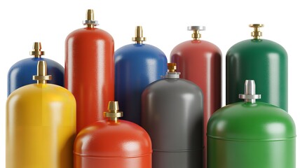 Obraz premium Colorful Propane Gas Cylinders Row Arranged on White Background Minimalist Composition