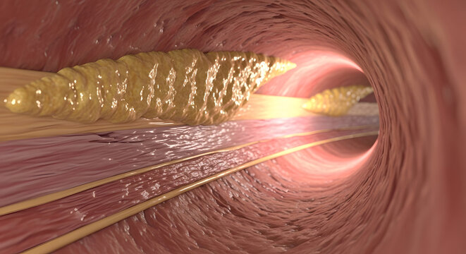 Medical 3D rendering of an artery showing internal lipid plaque and arterial stenosis progression.