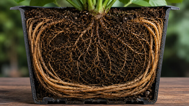 Macro cross-section view of a dense, root-bound plant root system intricately growing in rich organic soil
