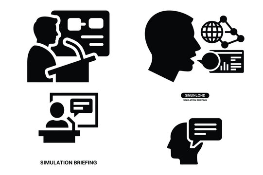 simulation briefing vector icon set. speaking silhouette icons illustration and solid black style