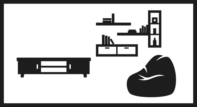 Modern Living Room Furniture Silhouette Set Featuring Minimalist Media Console TV Stand Wall Bookshelf Units and Soft Beanbag Chair