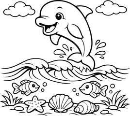 Naklejka premium Dolphin and ocean life coloring book pages for kids printable activity sheets