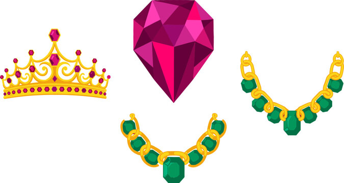 Royal Luxury Jewelry Icon Set Featuring Golden Tiara Crown Ruby Gemstone and Emerald Necklace Chains Vector Illustration for Fashion Designs