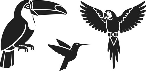 Obraz premium Tropical Exotic Birds Silhouette Vector Set Featuring Sitting Toucan Flying Hummingbird and Spread Wing Macaw Parrot Illustration for Nature Zoo Logo Designs