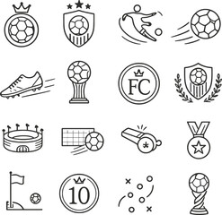 Fototapeta premium Set of football world cup line icons illustrating soccer championship elements