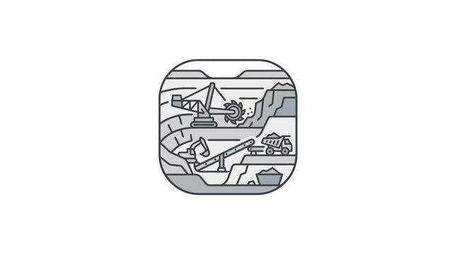 Open pit mine icon with excavator and haul trucks.
